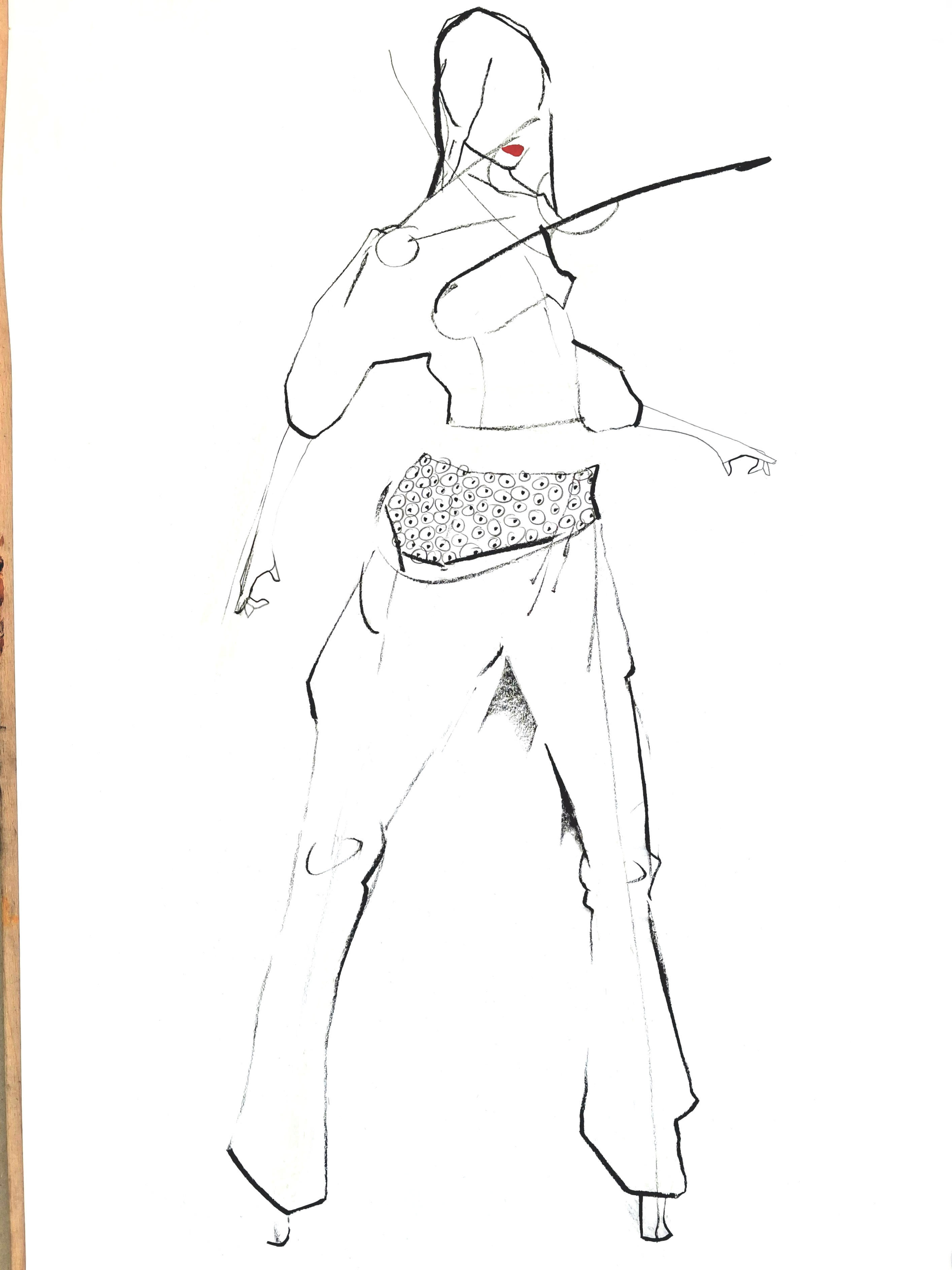 Entwurf einer Silhouette mit Jacke und Hose auf Modefigurine mit Lippenstift und langen Haaren. Konzeptionelles Arbeiten durch Linienfindug auf dem Blatt. Kohlezeichnung im Format A2 aus dem Portfolio Modedesign.